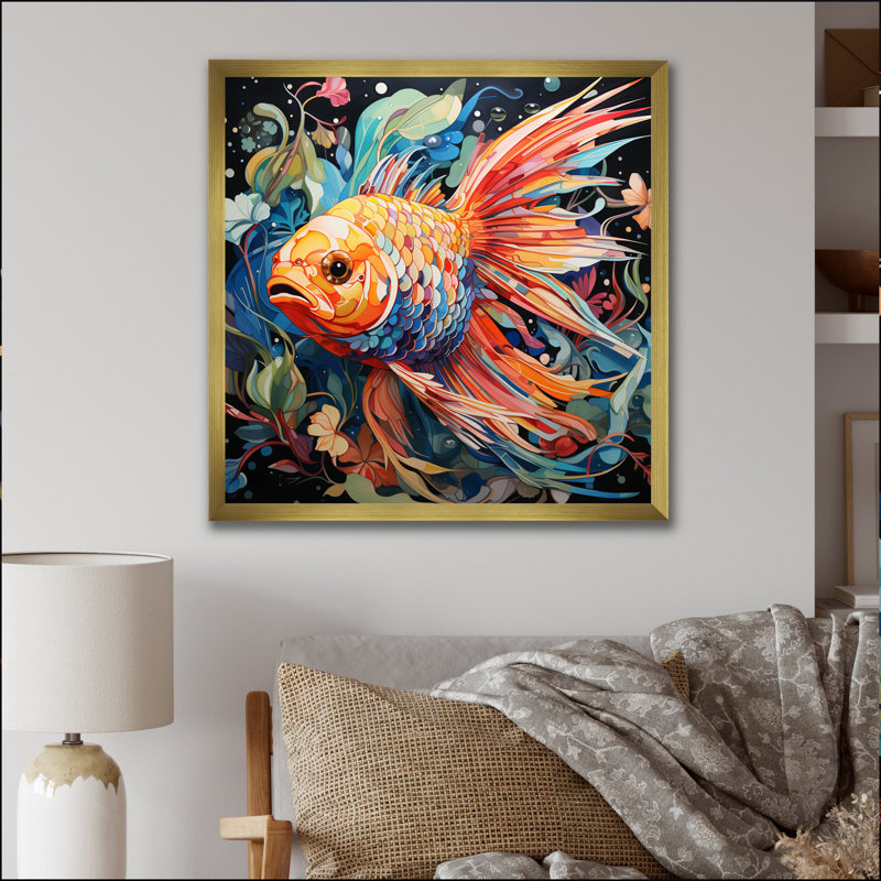 Fishing Pop Art Piscine I - Animals Wall Decor, H 16 po x l 16 po x P 1 po, Cadre doré à une seule photo