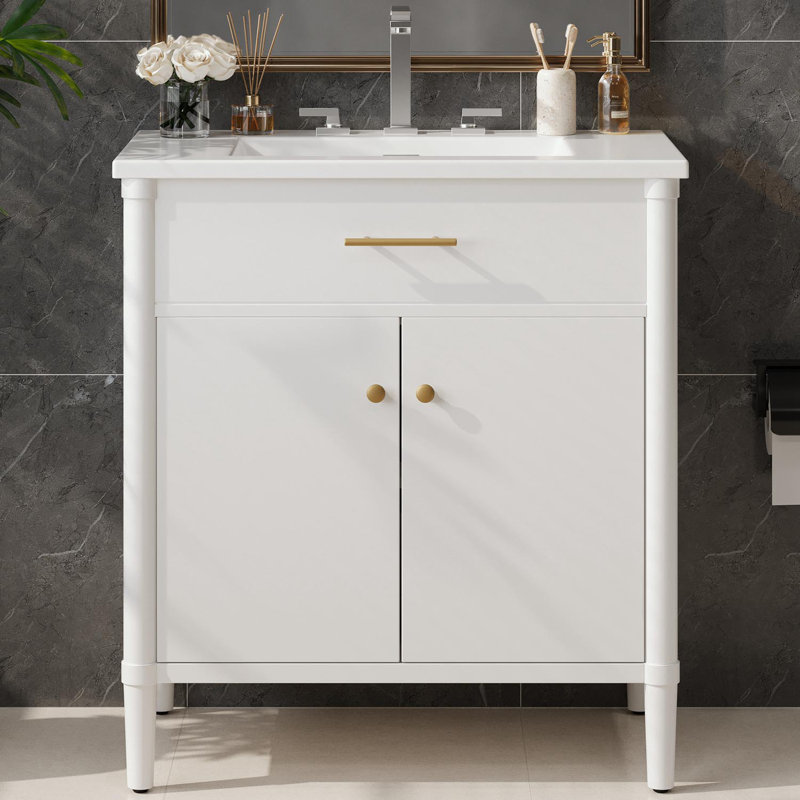 Bathroom Vanity with Sink, Soft Close Doors and Adjustable Shelf, White