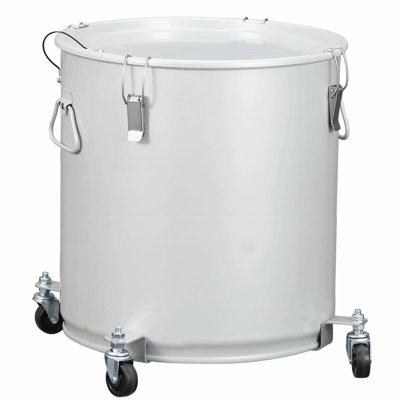 16 gallon steel fryer oil storage bucket with caster base, locking lid and clip, includes nylon filter bag for easy disposal, commercial kitchen and outdoor frying accessory