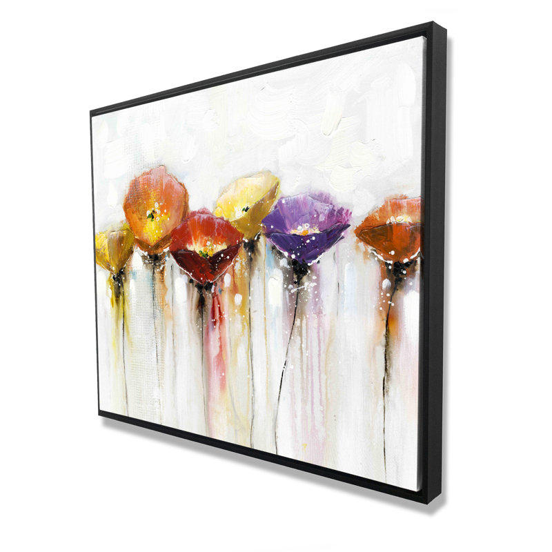 Multiple Colorful Abstract Flowers - Red Framed Canvas Art