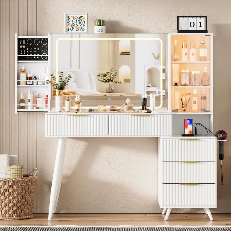 Coiffeuse pour femmes avec miroir et lumières, plateau en verre, tablettes de rangement ouvertes, 11 tiroirs - bureau de coiffeuse blanc, panneau de maquillage cannelé, luminosité réglable, rangement, pour femmes