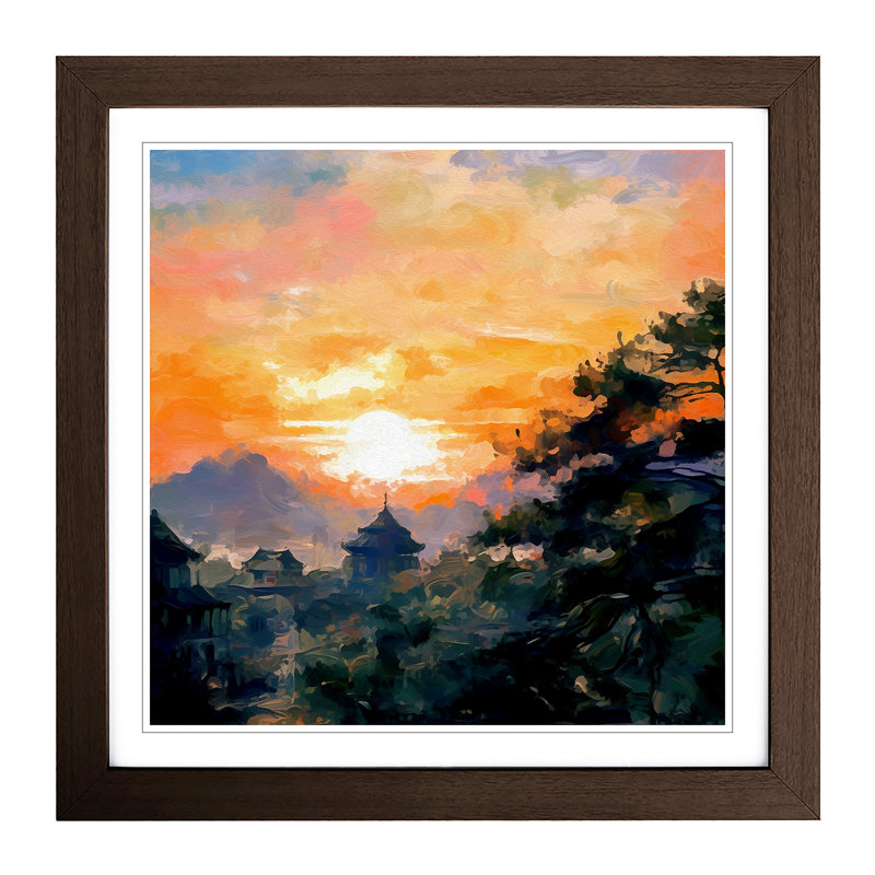 Japanese Sunset Impressionism No.1 - Single Picture Frame Print on Wood, Walnut