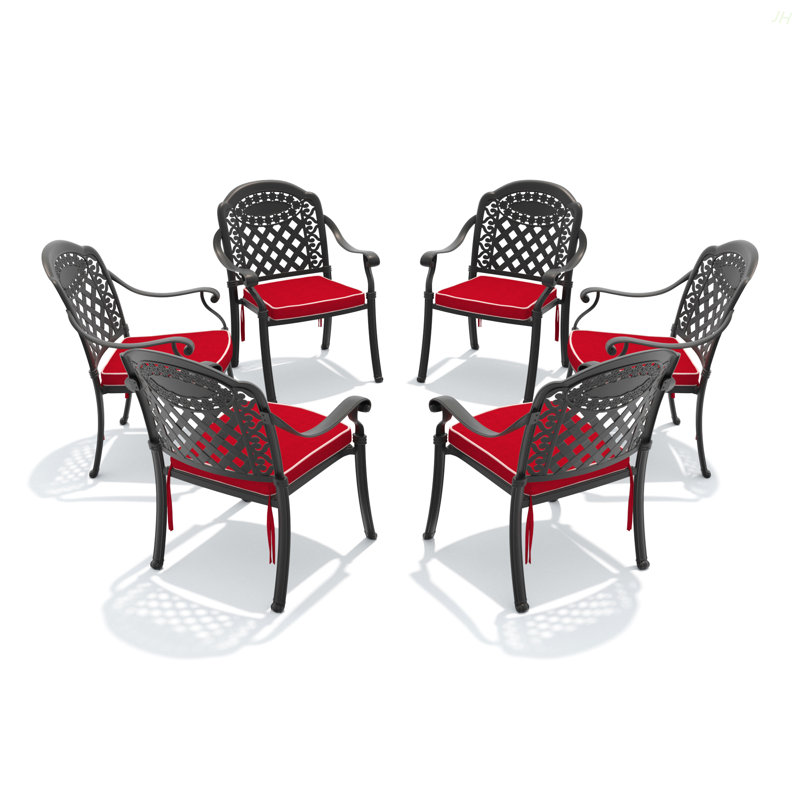 Chaise de patio en fonte d'aluminium 6 pièces avec cadre noir et coussins rouges