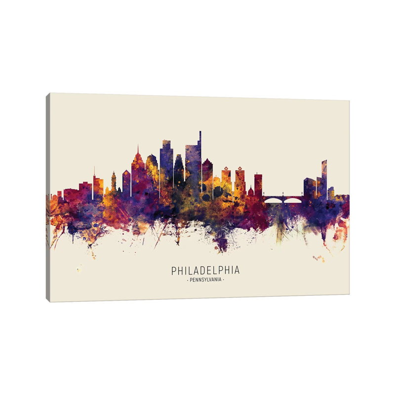 Philadelphia Skyline Red Beige by Michael Tompsett - 1 Piece Wrapped Canvas Wall Art, 66.04 cm H x 45.72 cm W x 3.175 cm D