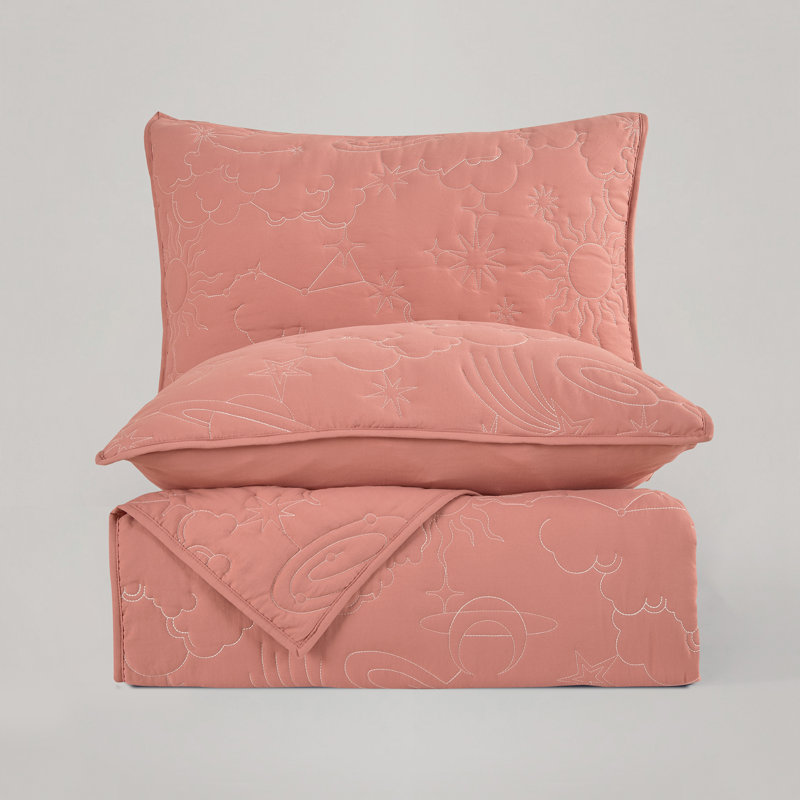 Solid Quilt Set With Star With Vibrant Embroidered Patterns, Queen Quit + 1 Standard Sham, Coral