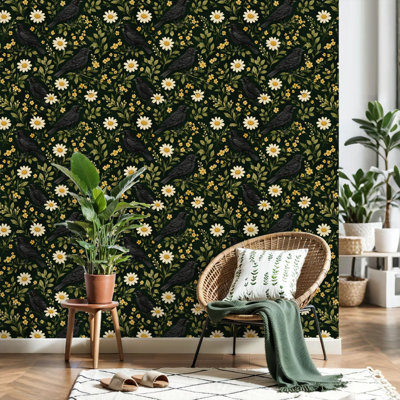 Papier peint adhésif à motif de marguerites noires, fleurs, marguerites blanches, vert foncé, papier contact botanique rétro, adhésif amovible, décoration murale pour armoires de cuisine de chambre à coucher 17,7 po x 118 po