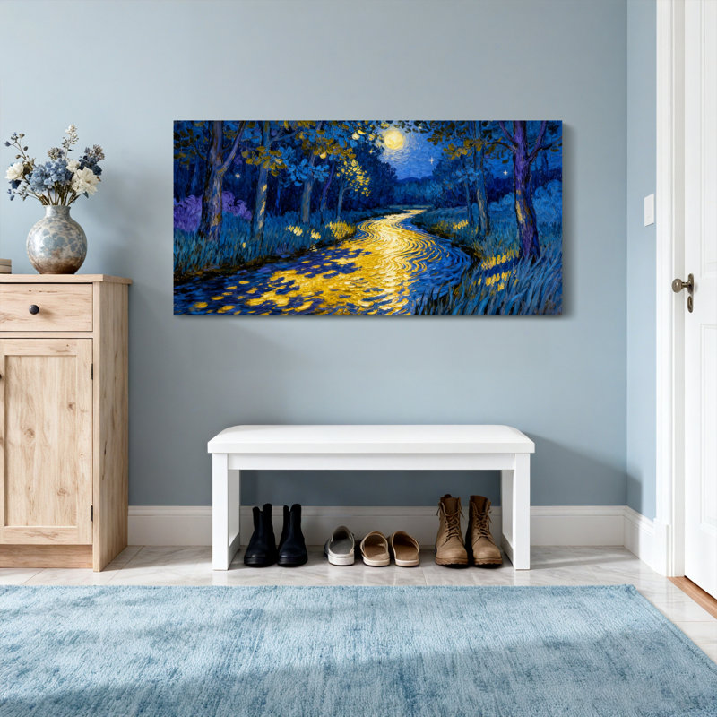 Paysage et nature au clair de lune avec des reflets dorés, H 20 po x l 40 po