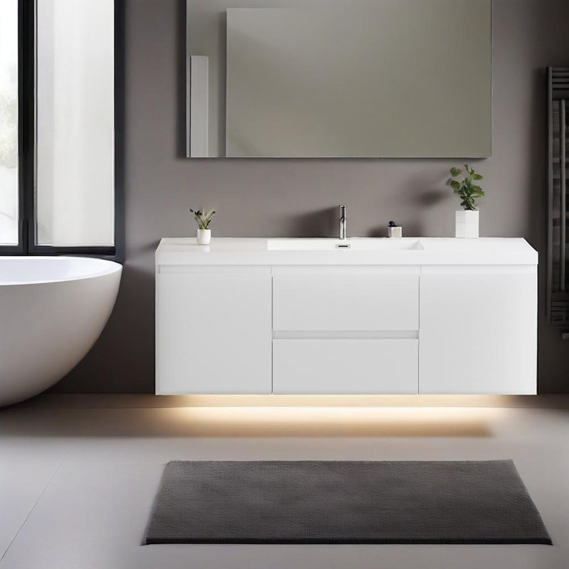 Meuble-lavabo flottant 60 po avec lavabo simple, meuble-lavabo mural moderne avec lavabo en résine, deux portes et deux tiroirs à fermeture en douceur