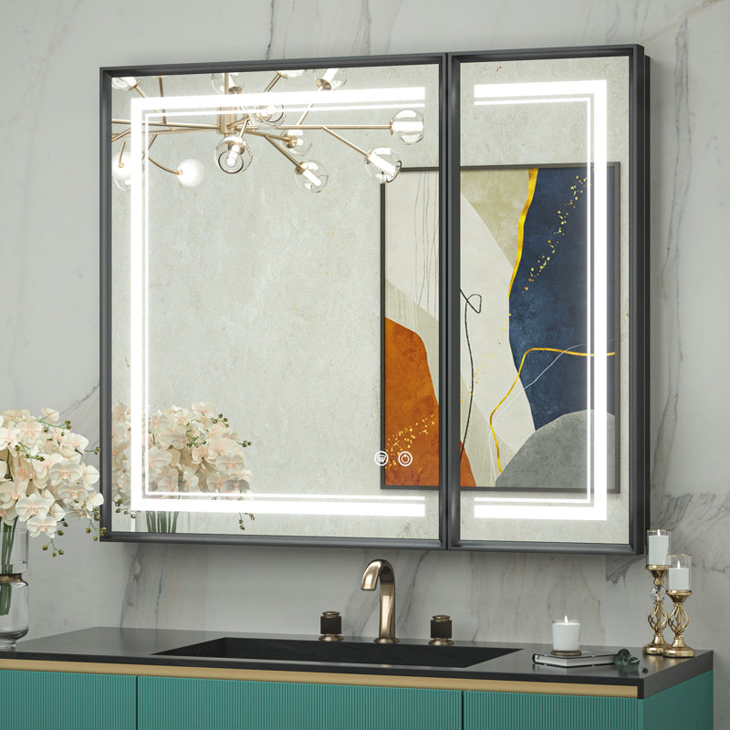 Kassady Recessed & Surface LED Lighted Bathroom Medicine Cabinet, 3-Color, 2 Outlets, Defog Mirror, 26" H x 30" W x 4" D