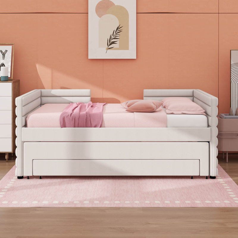 Lit de jour simple rembourré avec lit gigogne et 3 compartiments de rangement intégrés, Beige