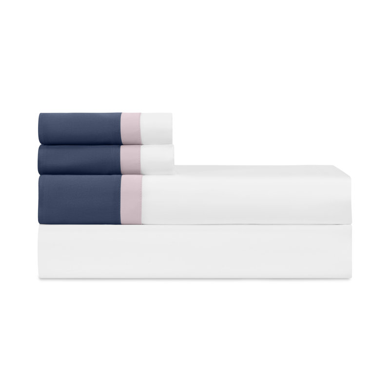Borders Sateen Sheet Set, White/Incenso Lavender/Navy Blue, California King