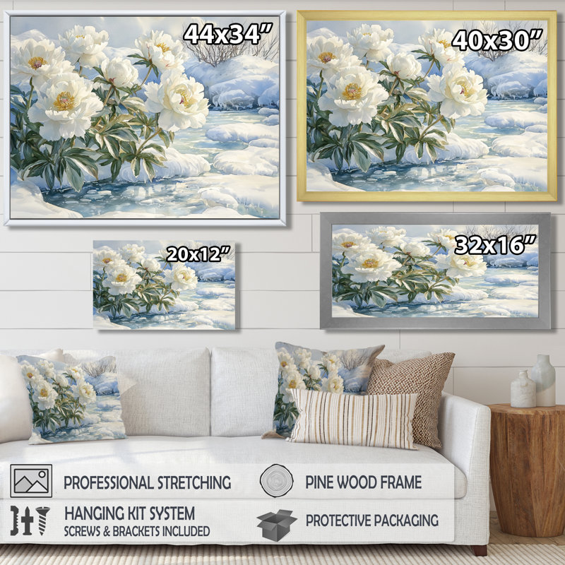 Hiver, pivoines par la glace, rivière couverte III - pivoines, art mural, Noir, noir, noir, noir, H 12 po x l 20 po