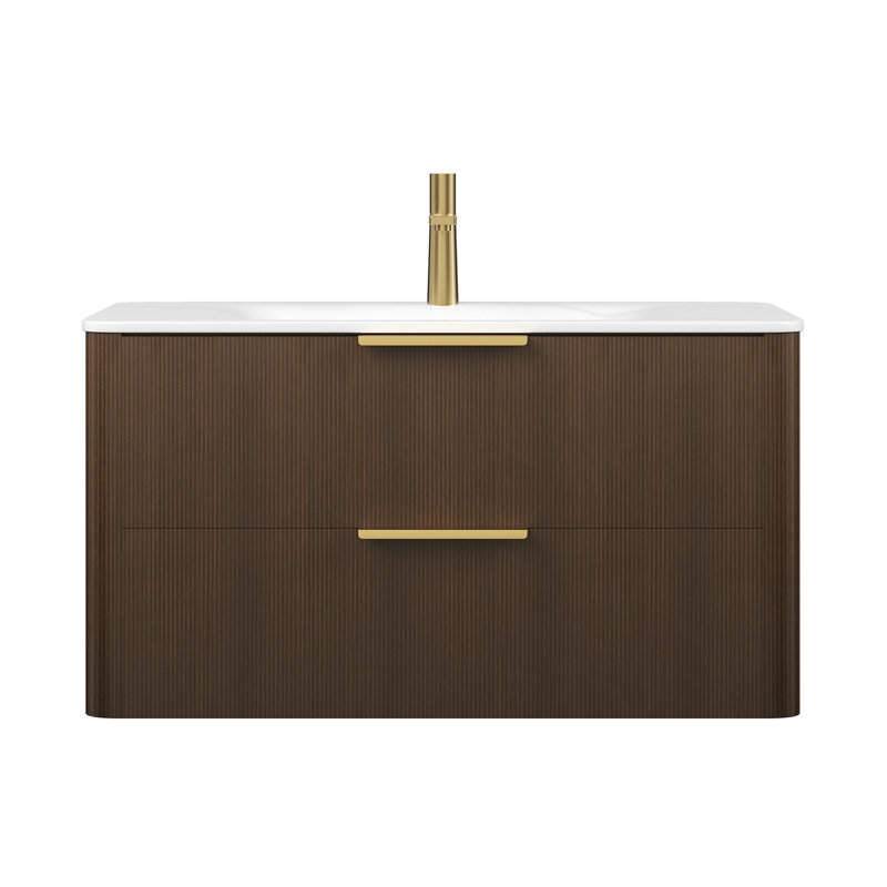 Meuble-lavabo de salle de bain avec lavabo flottant ultra-fin en contreplaqué avec tiroirs Zane 36 po Zane, Noyer