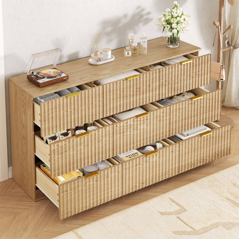 Fluted 9 Drawer Dresser for Bedroom, 60" Wide Modern Dressers & Chests of Drawers with Metal Handle, Wooden Storage Dresser Organizer for Living Room, Entry, Hallway