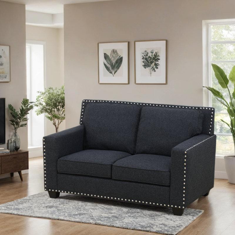 57" Modern Loveseat Sofa With Nailhead Trim And Square Arms, Black