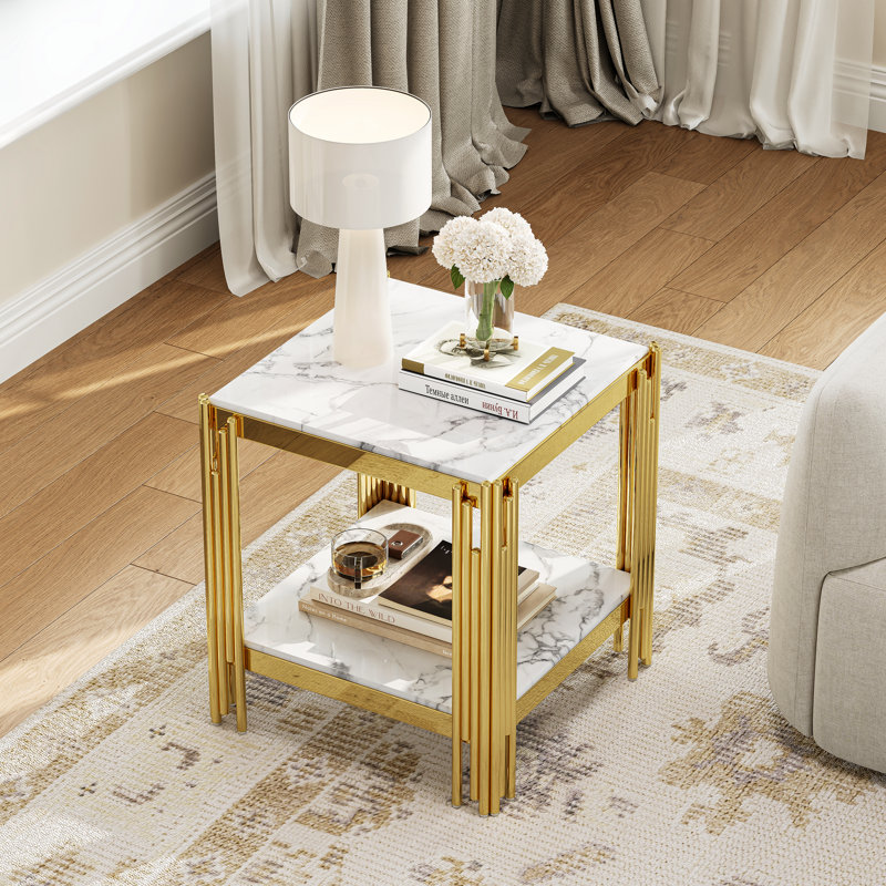 Table basse en verre pour le salon, plateau en verre rectangulaire à motif de marbre de 48 po, pieds tubulaires uniques en acier inoxydable poli, rangement à 2 niveaux
