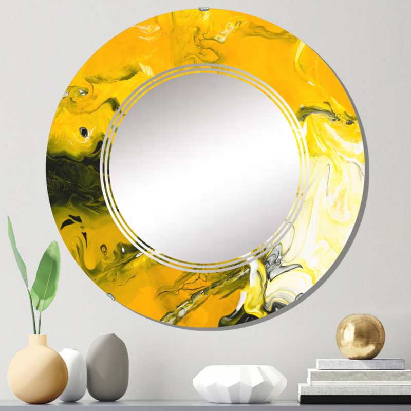 Jaune jaune, noir et blanc liquide Art V - miroir mural rond moderne, 24 po x 24 po