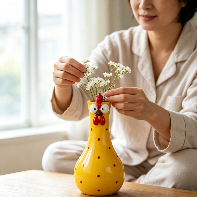 Petit vase coq rouge à long cou en résine, idéal pour décorer une table ou poser de petits bouquets., Jaune
