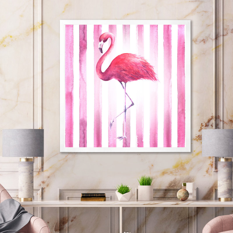 Flamant rose sur rayures roses - reproduction d'art sur toile traditionnelle, H 30 po x l 30 po x P 1 po, Cadre photo blanc