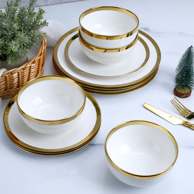 Ensemble de vaisselle de luxe blanc 12 pièces avec rebord doré pour 4 personnes, assiettes et bols en porcelaine de Chine blanc os élégant, va au micro-ondes et au lave-vaisselle, ensemble de salle à manger résistant aux éclats