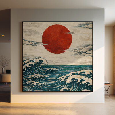 Très grande reproduction d'art sur tissu - Soleil rouge et vagues océaniques d'inspiration japonaise pour le salon - «Assemblage requis du cadre (cadre non fini)»