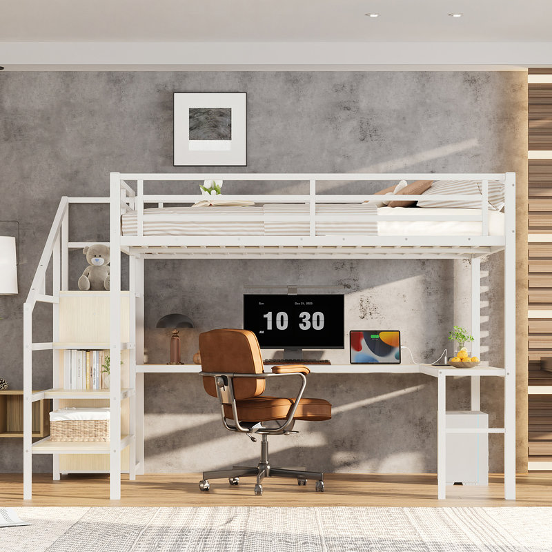 Queen Size Metal Loft Bed with L-Shaped Desk & USB, Wardrobe, Adjustable Shelf, LED Light, High Loft Bed for Kids Teens Adults, White Wood Grain