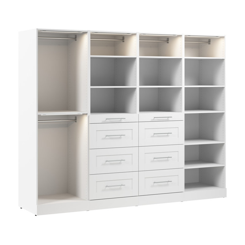 Bestar Florence 100W X 25D Modular Reach-In Or Walk-In Closet System With LED Lights, Rods, Shelves, And Drawers, Shaker Style