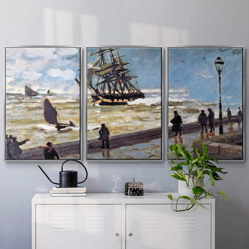 «The Jetty at Le Havre Bad Weather», 1870 - Toile encadrée à pièces multiples, Argent, H 40 po x l 78 po x P 2 po