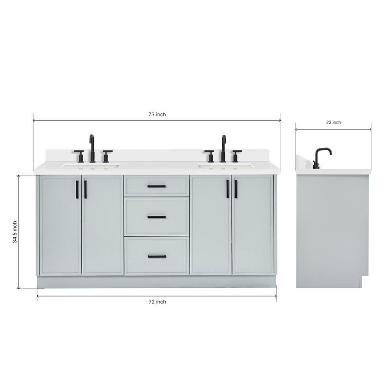 ARIEL Kelly 73 Double Sink Bathroom Vanity with Pure Quartz Top, Gray, Rectangular, Carrara White Quartz