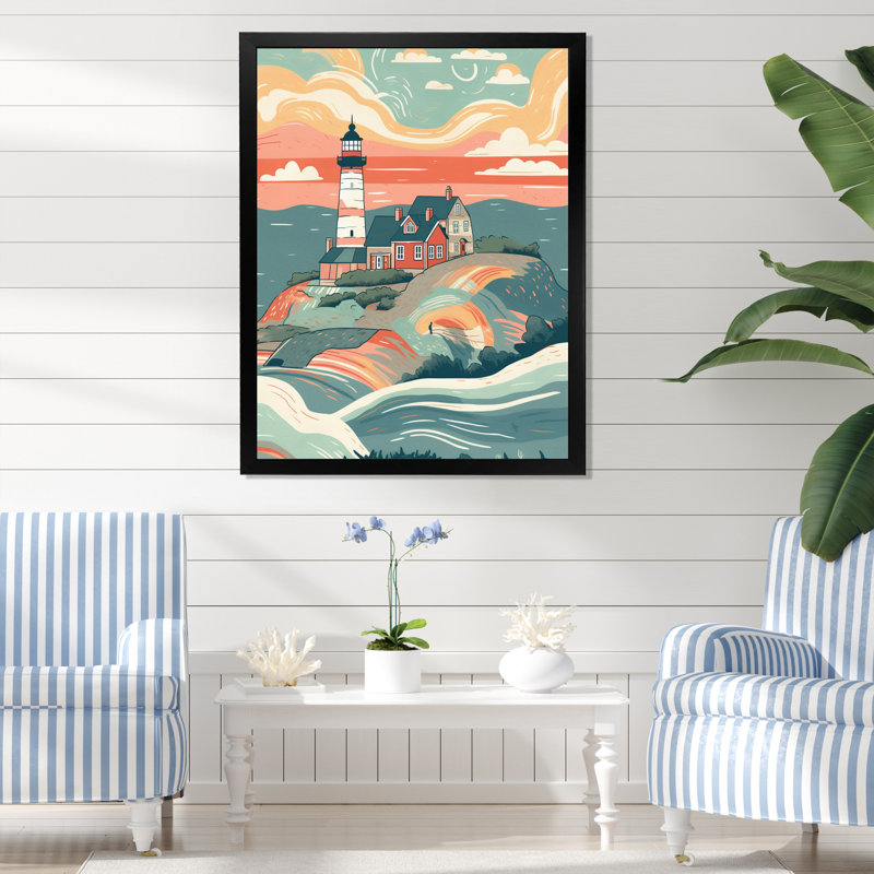 Bord de mer phare II, reproduction sur toile, H 44 po x l 34 po x P 1,5 po, Cadre simple noir
