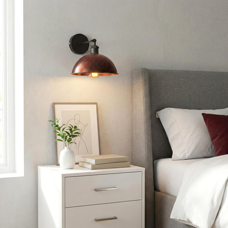 Dome Metal Wall Sconce, 180° Adjustable Industrial Wall Lamp for Bedside, Study, Kitchen, and Living Room Décor., Rustic Red