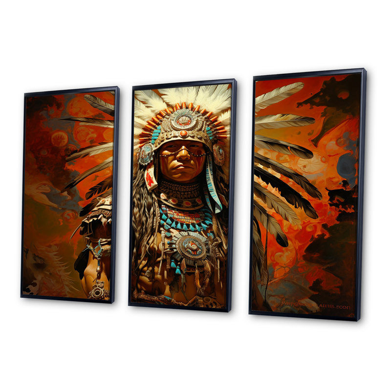 Native Art Traditional Warrior II - Ensemble d'art mural amérindien, H 28 po x l 36 po x P 1 po, Cadre flottant noir