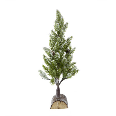 Set Of 2 Christmas Pvc Snow-covered Trees – 13.5 Inch Tabletop Pine Decor On Natural Wood Base, Frosted Holiday Accents For Mantle, Shelf, And Centerpiece