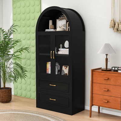 Grande armoire de rangement arquée avec portes et tiroirs en verre, bibliothèque autoportante avec charnières à fermeture en douceur