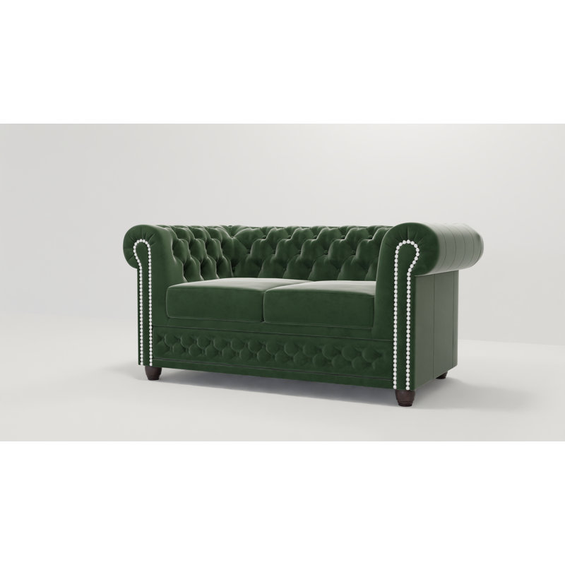 Chesterfield Hanna 2 Seater Sofa Made of Velvet Fabric with Solid Wood Legs, Bottle Green