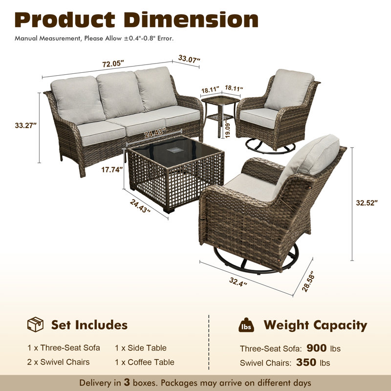 Ensemble de meubles de patio en osier toutes saisons 6 pièces Cracraft avec chaises berçantes pivotantes, canapé à assise profonde et table basse illuminée pour les soirées de jardin, de patio et de piscine