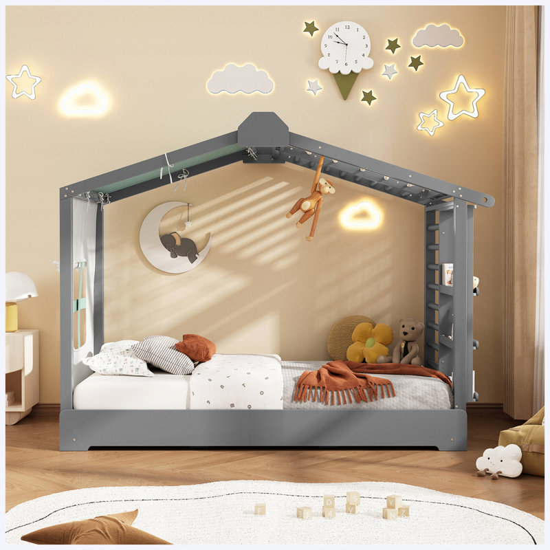 Lit simple pour enfant en forme de maison avec lit gigogne et tablettes de rangement latérales, gris