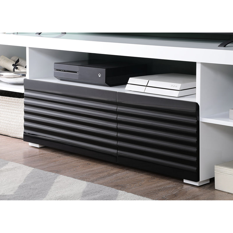 Meuble télé 80 po à 3 tablettes ultrabrillantes avec tiroir en métal et rallonge 2/3 blanc brillant noir