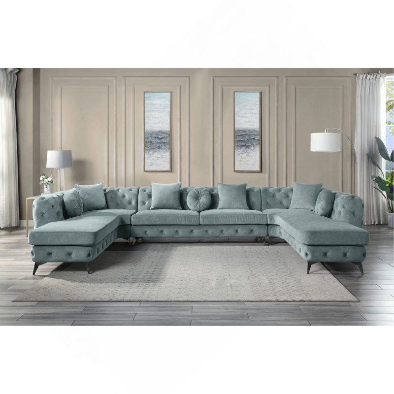 Canapé modulaire en tissu bleu cendré avec 7 coussins Zerah