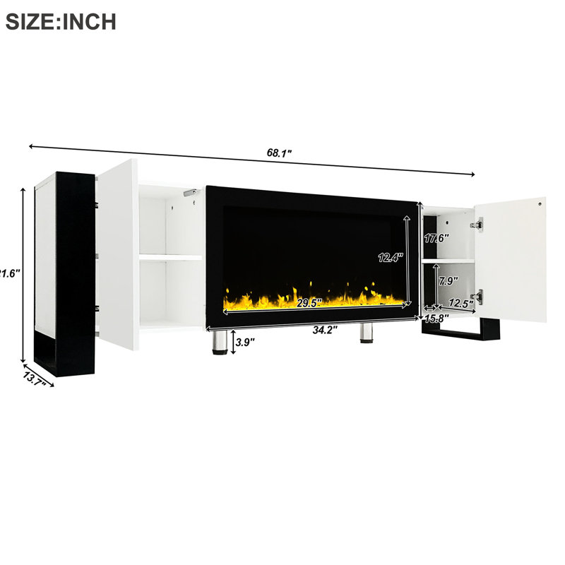 Meuble télé avec foyer électronique 34,2 po, surface blanche, style simple, 2 tablettes de rangement