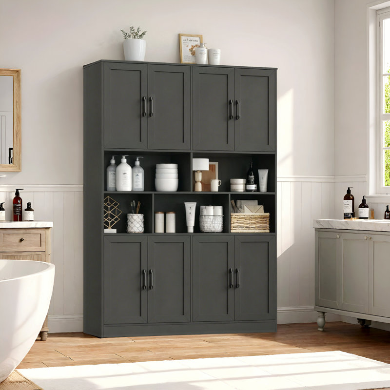 Armoire de rangement autoportante pour salle de bain de 70,9 po de hauteur avec étagères ouvertes et tablettes réglables Aeddon