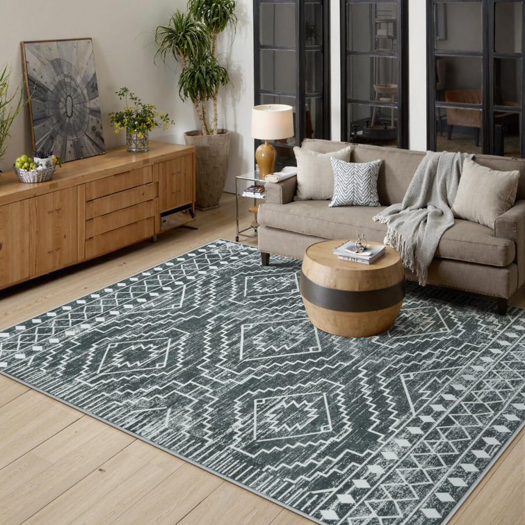 Tribal Geometric Washable Area Rug for Living Room & Bedroom, Non-Slip Moroccan Rug