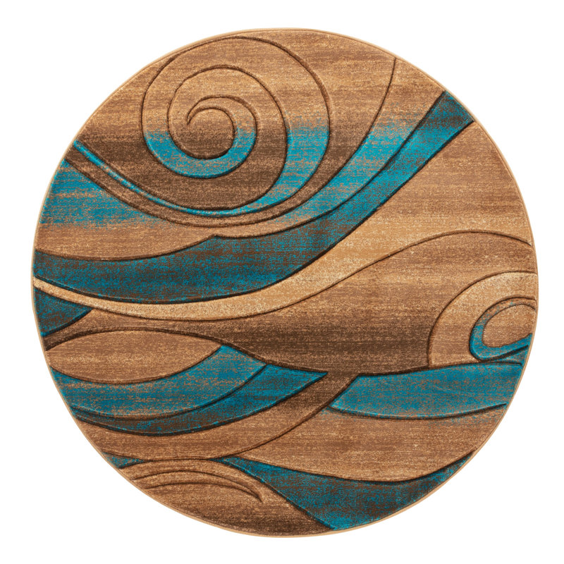 Tapis abstrait bleu / beige Adonia, Rond 5 pi 2 po
