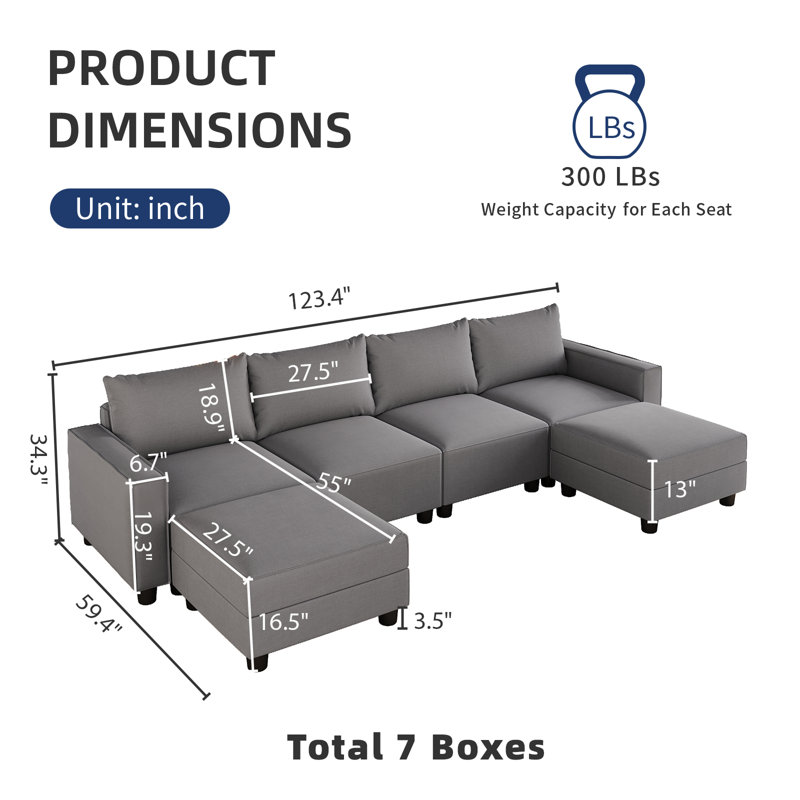 Modern Linen Modular Sectional Sofa U Shaped with Extra Deep Seats and Storage Ottomans, Gray Linen