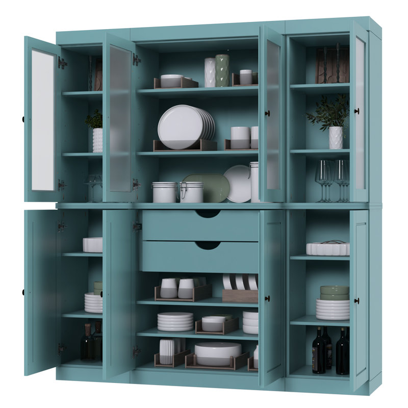 Vaisselier 100% bois massif 65 "avec portes en verre givré massif, 2 tiroirs et tablettes réglables, Turquoise