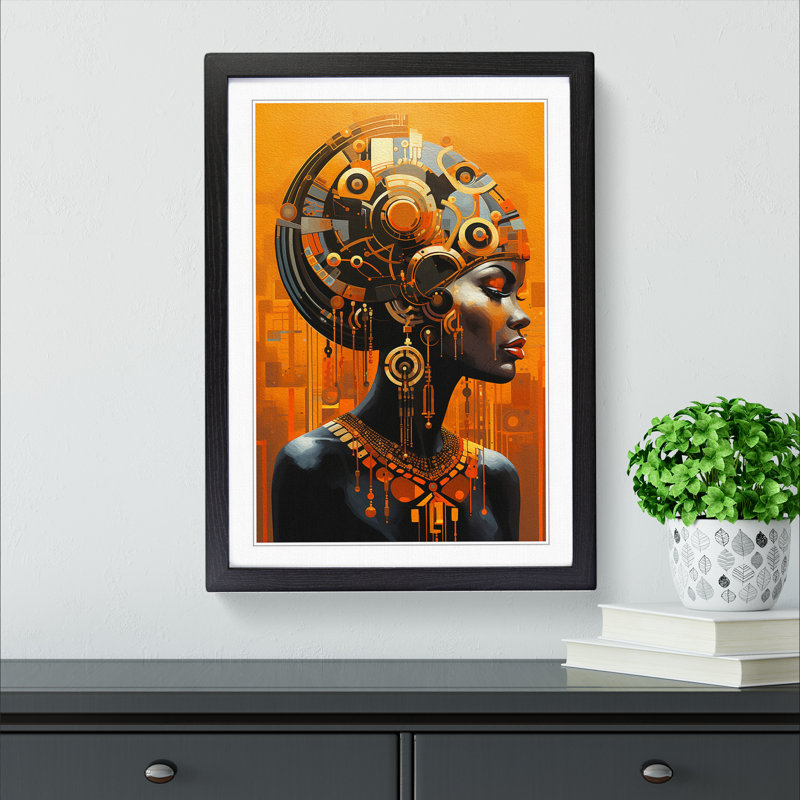 African Woman Futurism Art - Framed Print, 46cm H x 34cm W x 2cm D, Black Framed