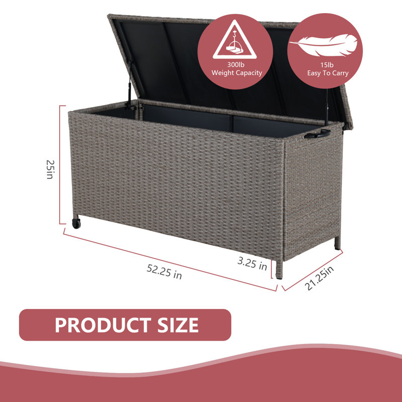 FANGFLOWER 52.25'' W 108 Gallons Water Resistant Wicker Deck Box with Wheels, Brown