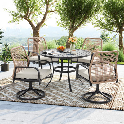 5 Pieces Outdoor Patio Dining Set, 4 Woven Rattan Swivel Chairs With Cushions & Metal Round Table With 1.96” Umbrella Hole, All-weather Patio Table Se