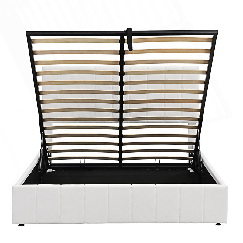 Grand lit plateforme tapissier avec système de rangement hydraulique, Blanc, Grand lit