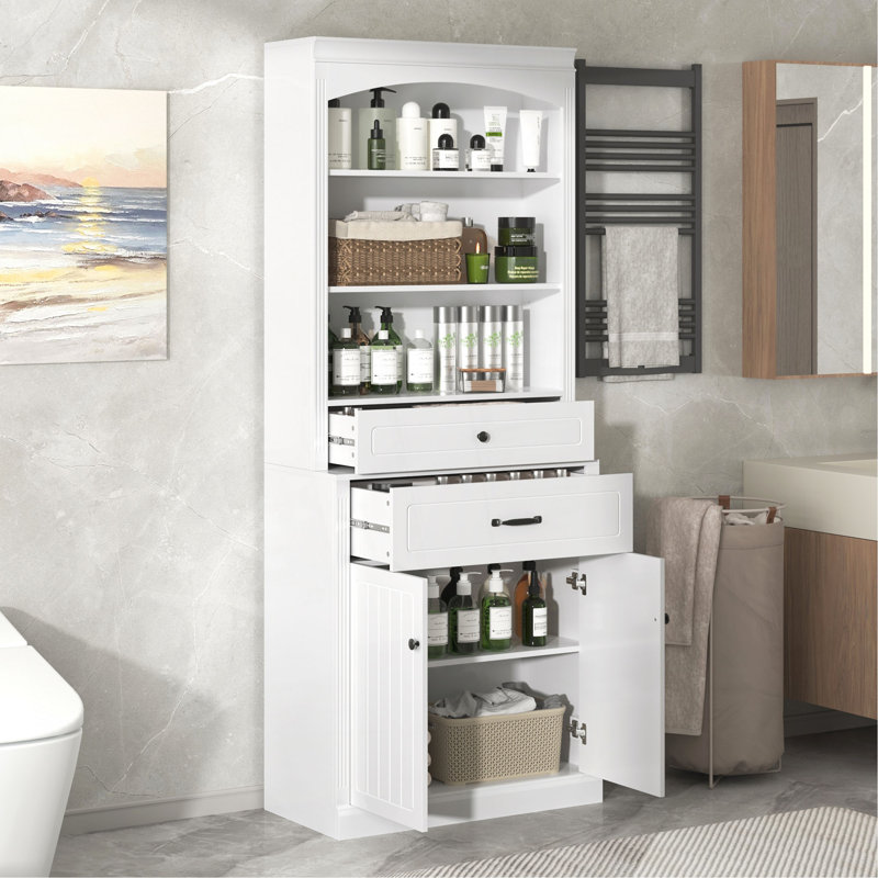 Armoire de rangement blanche avec deux portes, tiroirs, tablette réglable et trois tablettes ouvertes - fabrication en panneau de fibres à densité moyenne durable
